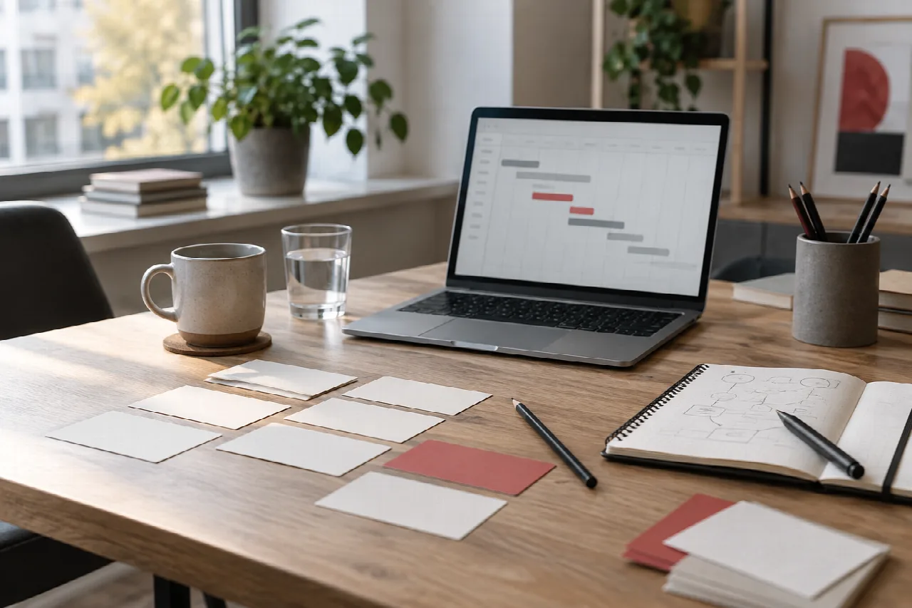 Arbeitsplatz für Projektplanung mit Terminplan auf einem Laptop, Notizen und Aufgabenkarten.