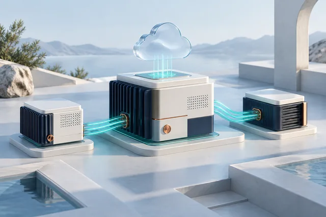 Abstrakte Cloud-Plattform mit drei vernetzten Servereinheiten.