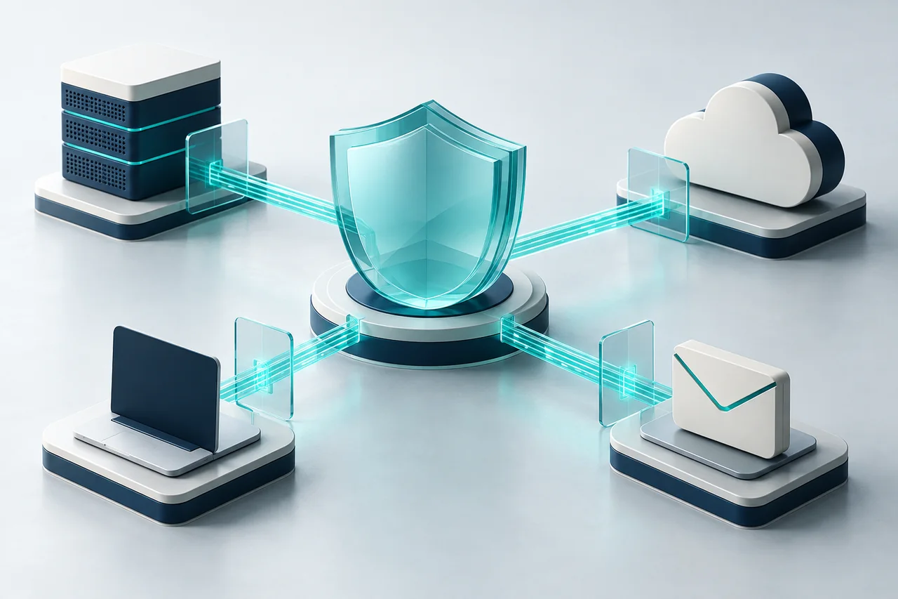 Abstrakte IT-Sicherheitsarchitektur mit Schutzschild zwischen Server, Cloud, Endgerät und E-Mail.